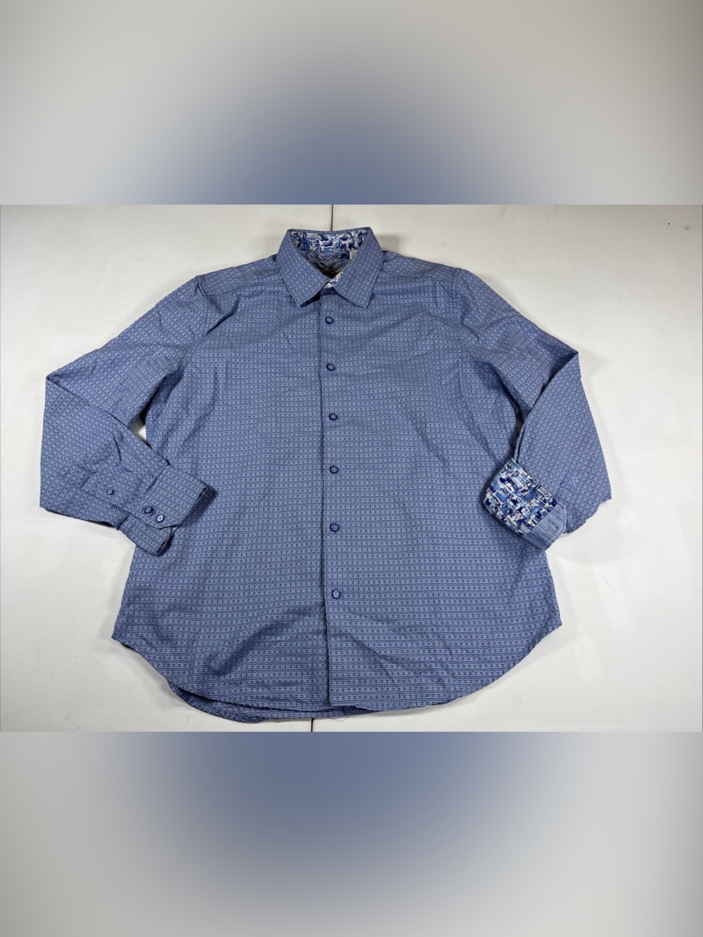 Robert Graham Shirt Embroidered Flip Cuff Collar Button Blue Geometric Mens XL